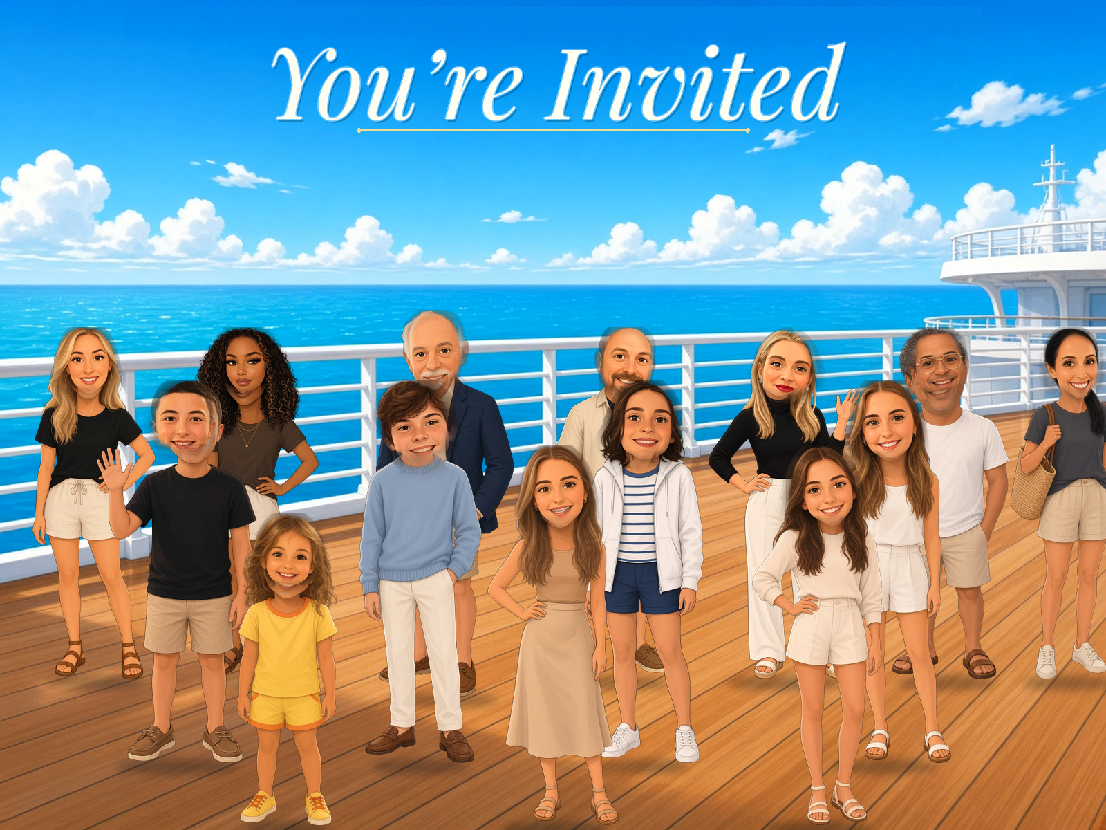 Madsen family on a cruise ship deck with You’re Invited in the sky—Craig and everyone invited, faces from the family caricature avatars