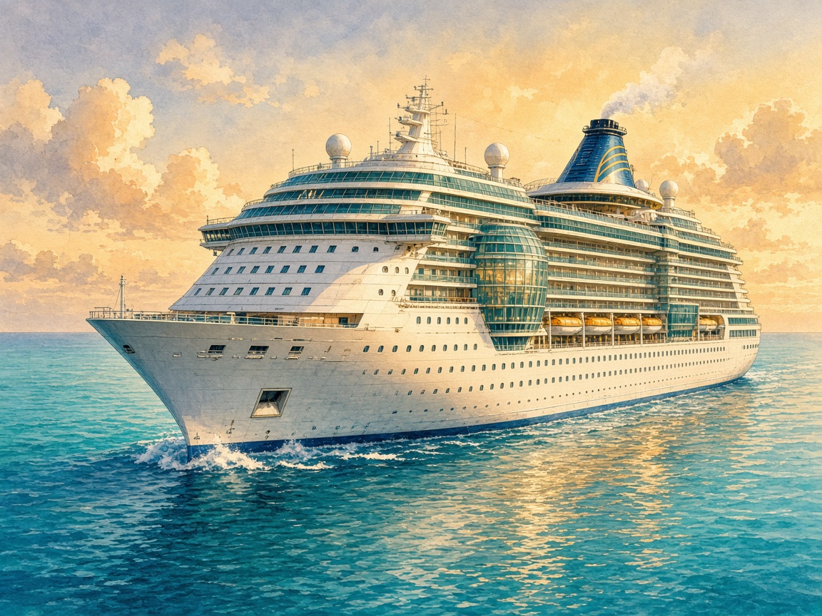 Cartoon illustration of Radiance of the Seas sailing at golden hour